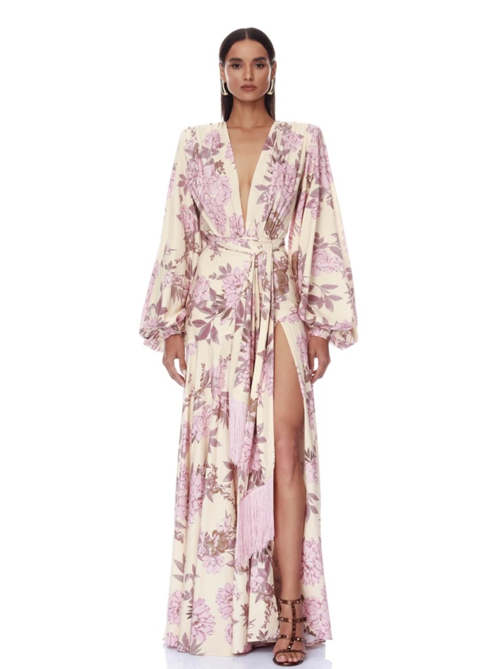 Bronx and Banco Cream Maxi Dress with Pink Floral Print